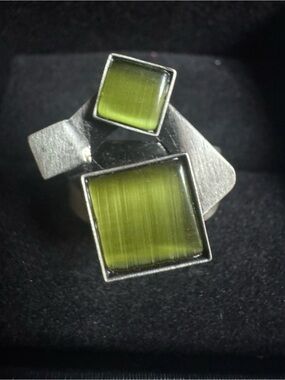Christophe Poly Canadian Artisan Ring Geometric Green Glass Statement Stamped